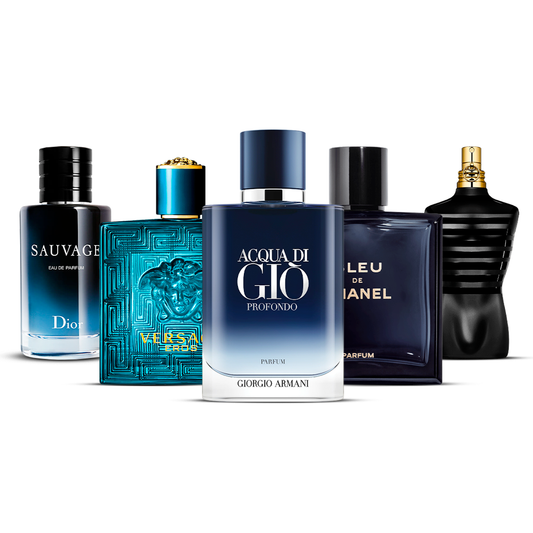 Kombinace 5 pánských parfémů – Sauvage, Versace Eros, Acqua di Giò Profondo, Bleu de Chanel a Le Male [každý 100 ml]