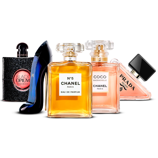 Kombinace 5 dámských parfémů – Black Opium, Good Girl, Chanel N°5, Coco Mademoiselle a Prada Paradoxe [každý 100 ml]