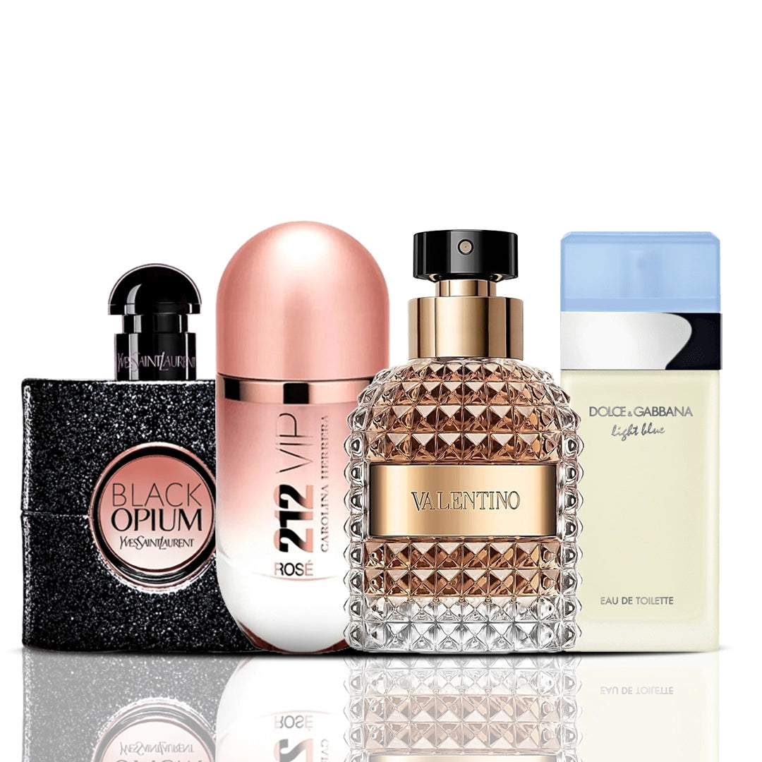 Sada 4 parfémů | Black Opium + 212 VIP Rose + Valentino + Dolce & Gabbana Light Blue 100 ml